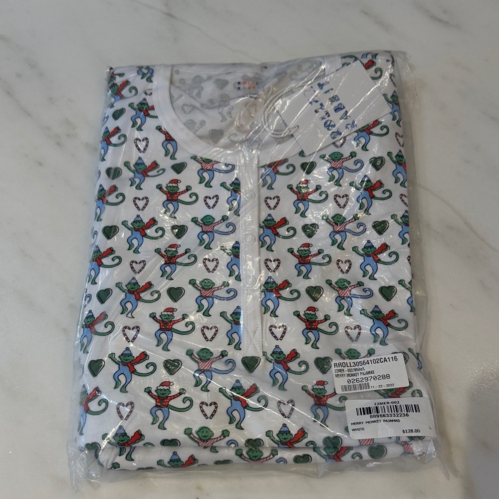 Roller Rabbit White Pajama Set with Blue and Green Monkeys